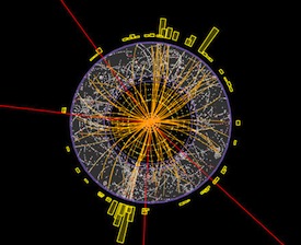 L'immagine che rivela le possibili tracce (rosse) del<br>bosone di Higgs. 